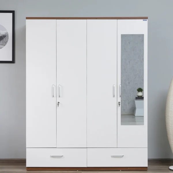 4 Door Wardrobe in Frosty White Finish with Mirror