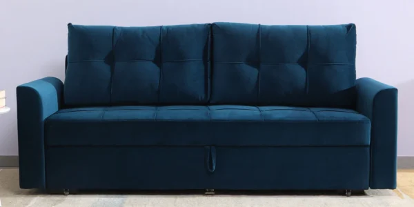 Ines Velvet Pull Out Sofa Cum Bed In Teal Colour With Storage