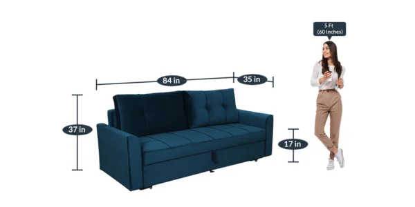 Ines Velvet Pull Out Sofa Cum Bed In Teal Colour With Storage - Image 5