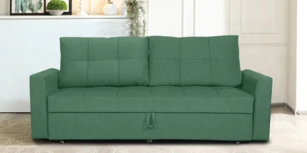 Ines Velvet Pull Out Sofa Cum Bed In Mint Green Colour With Storage