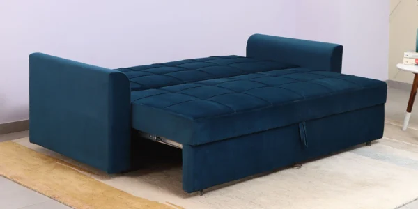 Ines Velvet Pull Out Sofa Cum Bed In Teal Colour With Storage - Image 4
