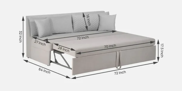 Maya Velvet Fabric Pull Out Sofa Cum Bed In Grey Colour - Image 4