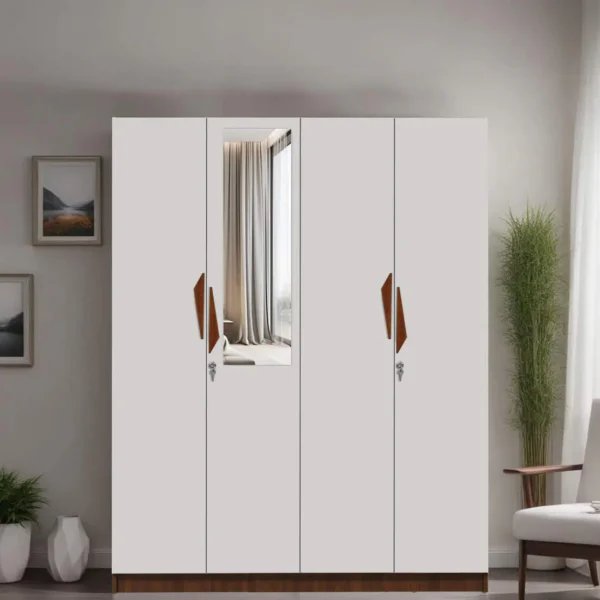 4 Door Wardrobe In Teak and White Finish With Locker & Mirror